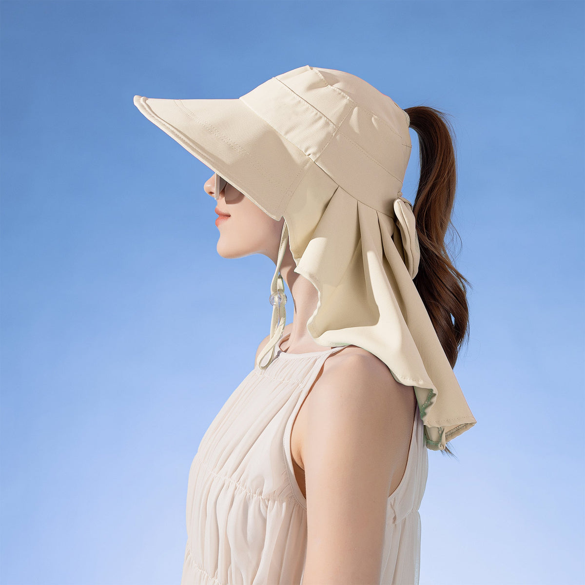 Anna-Kaci Womens Wide Brim Sun Hat UV Protection Flap Design with Back Bow Detail and Adjustable Chin Strap