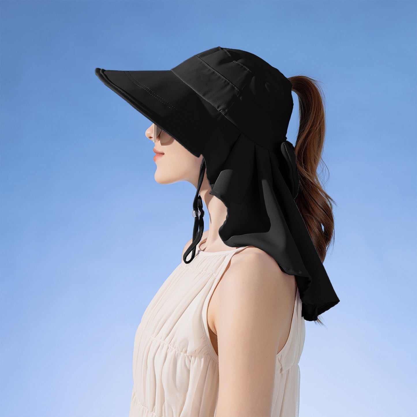 Anna-Kaci Womens Wide Brim Sun Hat UV Protection Flap Design with Back Bow Detail and Adjustable Chin Strap
