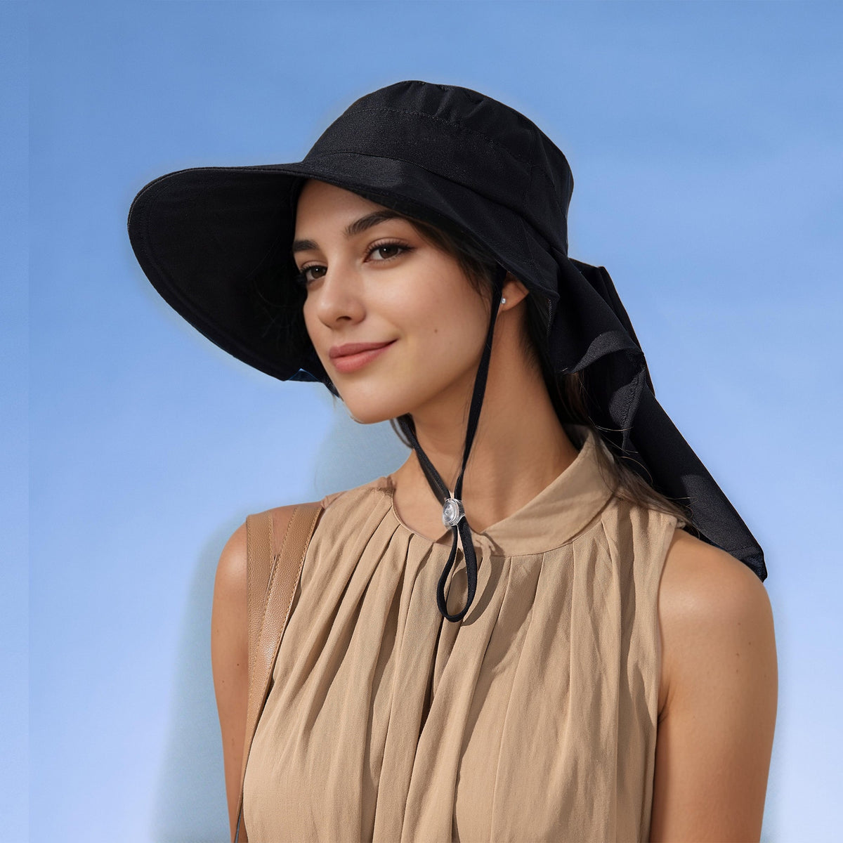 Anna-Kaci Womens Wide Brim Sun Hat UV Protection Flap Design with Back Bow Detail and Adjustable Chin Strap