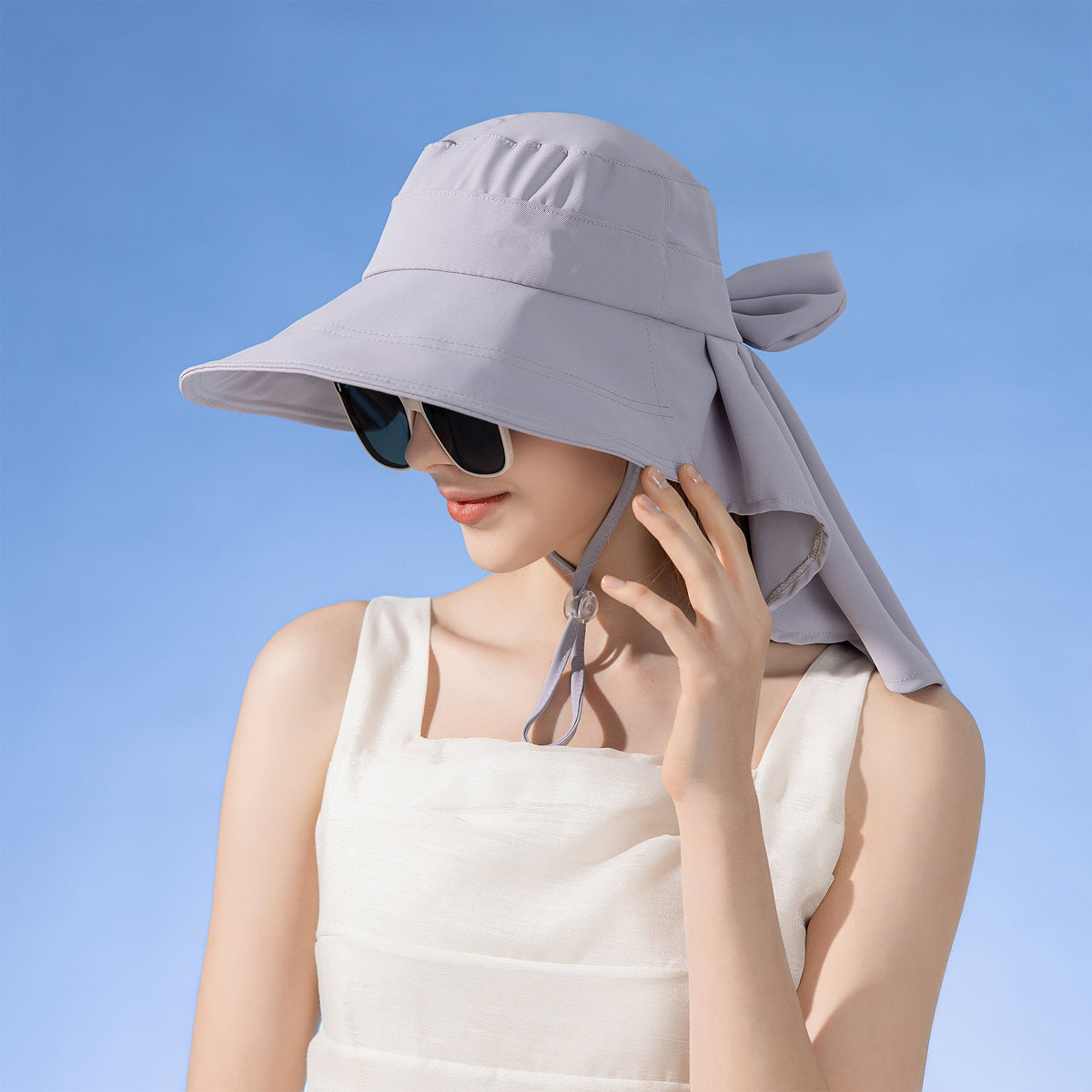 Anna-Kaci Womens Wide Brim Sun Hat UV Protection Flap Design with Back Bow Detail and Adjustable Chin Strap