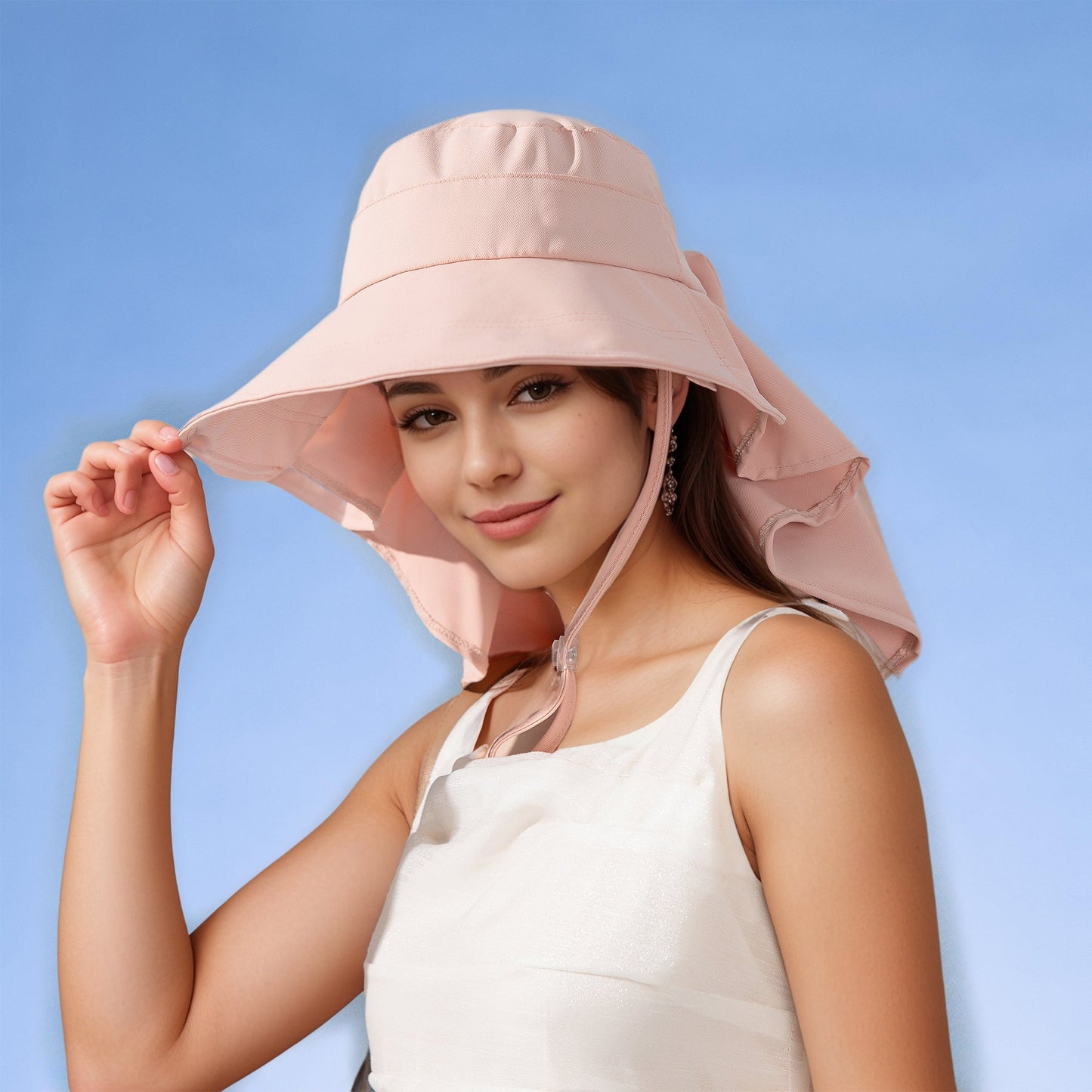 Anna-Kaci Womens Wide Brim Sun Hat UV Protection Flap Design with Back Bow Detail and Adjustable Chin Strap