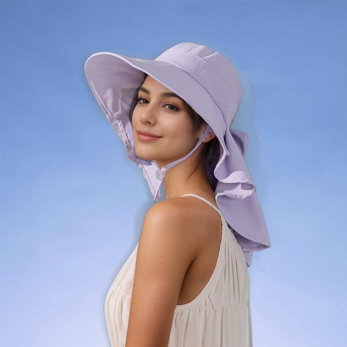 Anna-Kaci Womens Wide Brim Sun Hat UV Protection Flap Design with Back Bow Detail and Adjustable Chin Strap