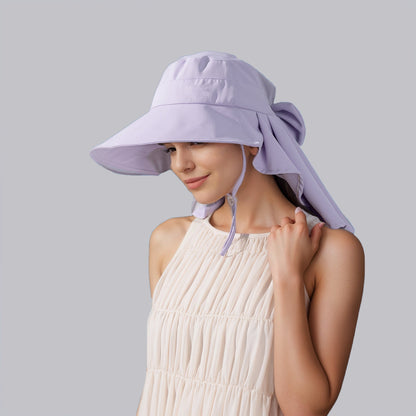 Anna-Kaci Womens Wide Brim Sun Hat UV Protection Flap Design with Back Bow Detail and Adjustable Chin Strap