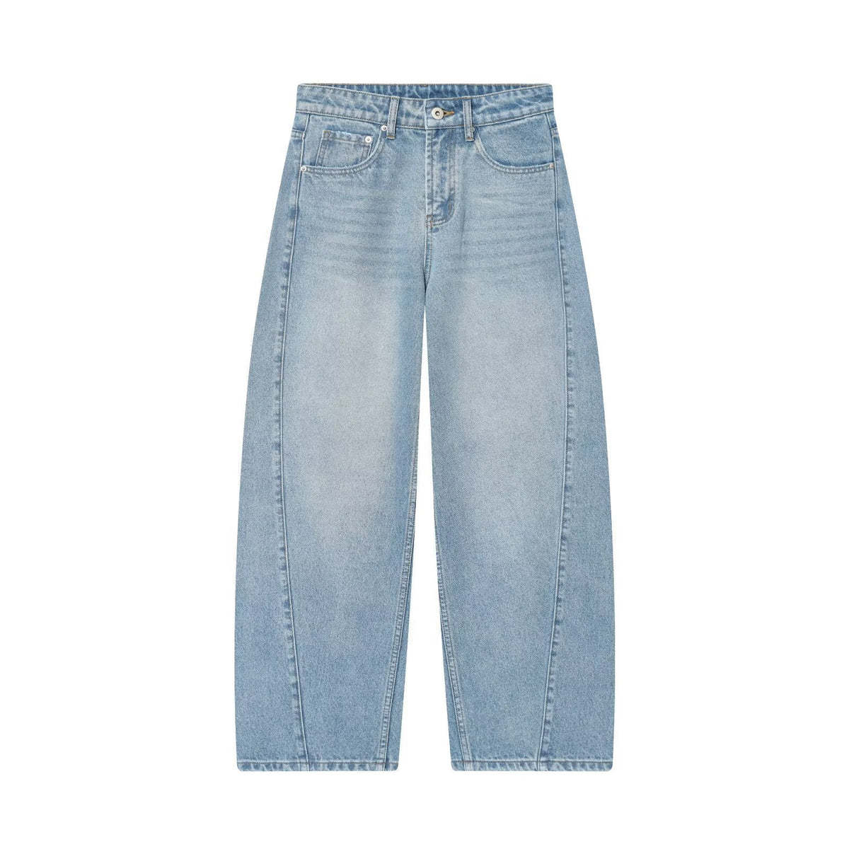 Mid waist loose fitting bucket shaped jeans