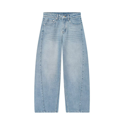 Mid waist loose fitting bucket shaped jeans