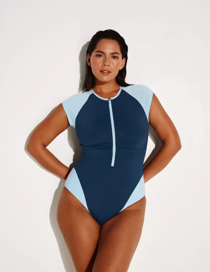 Cap-Sleeve One Piece Swimsuit - Color Block - Last Call