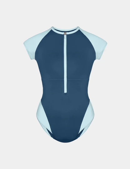 Cap-Sleeve One Piece Swimsuit - Color Block - Last Call