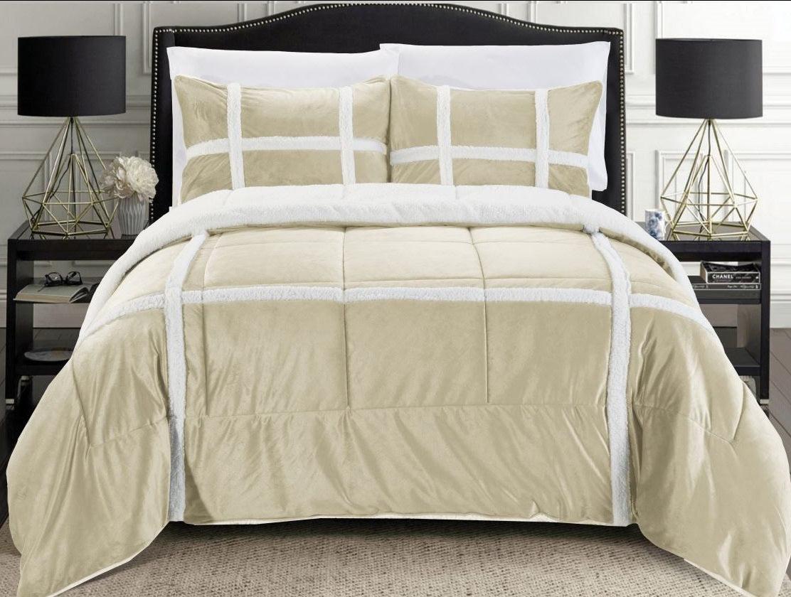 Elegant Comfort 3-Piece Stripe Micro-Suede Reversible Sherpa - Comforter Set
