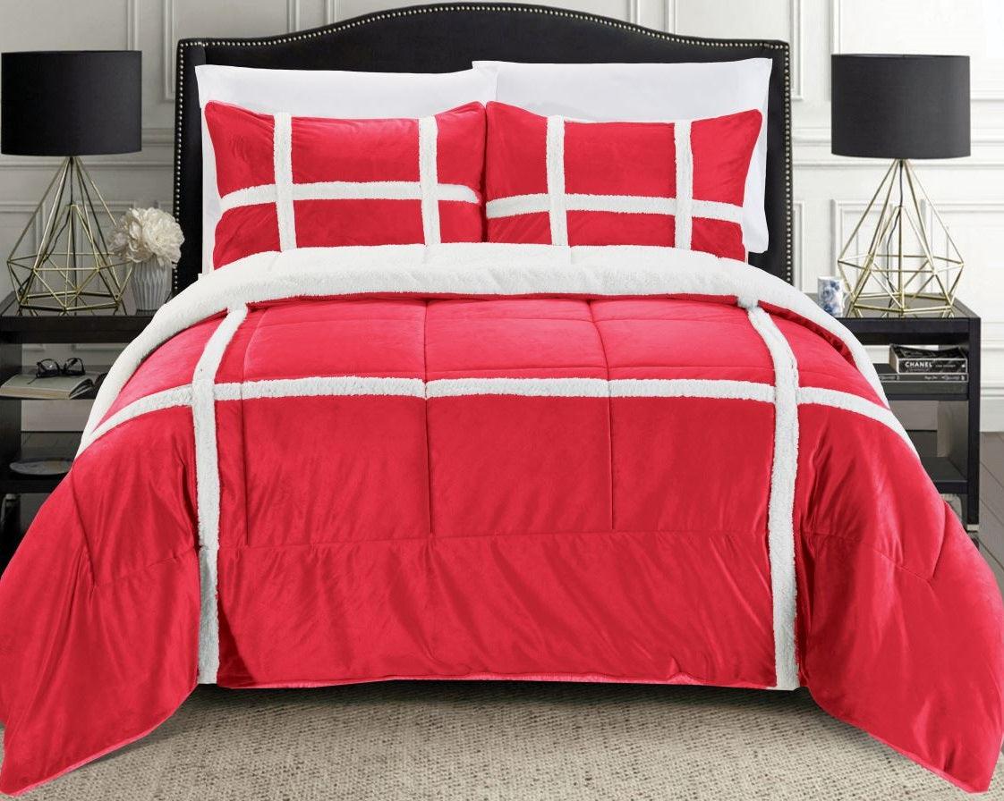 Elegant Comfort 3-Piece Stripe Micro-Suede Reversible Sherpa - Comforter Set