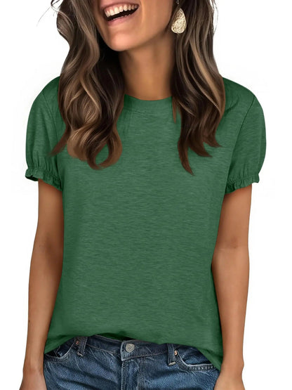 Women's Crew Neck Puff Sleeve Casual T-Shirt