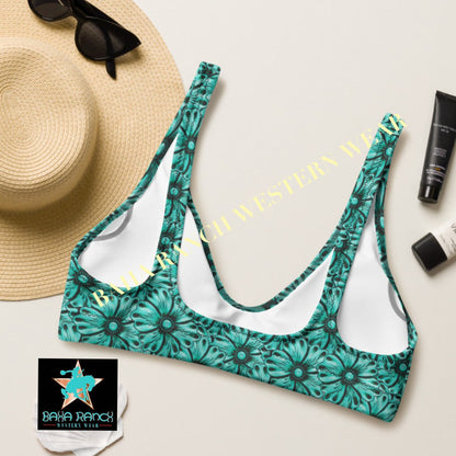 Baha Ranch Yeehaw Turquoise Floral Leather Print Bikini Top