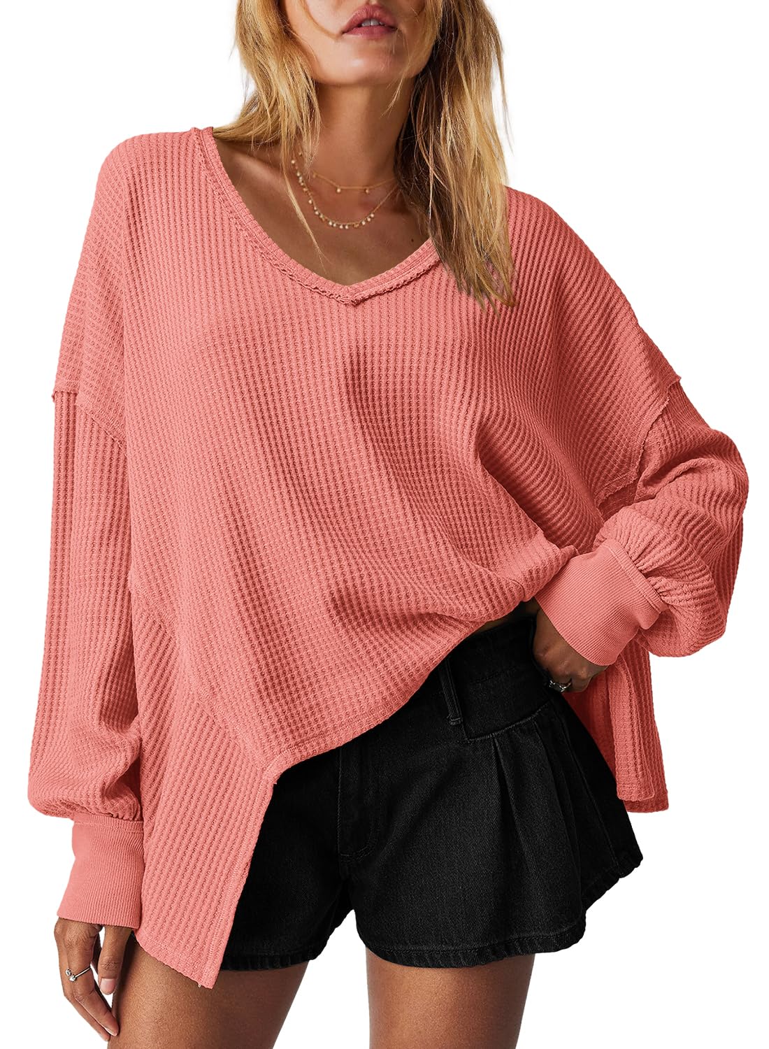 Women's Waffle Knit Oversized V Neck Batwing Long Sleeve Tops
