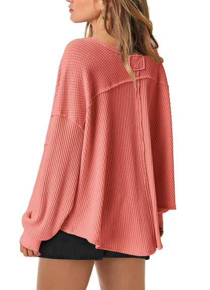Women's Waffle Knit Oversized V Neck Batwing Long Sleeve Tops