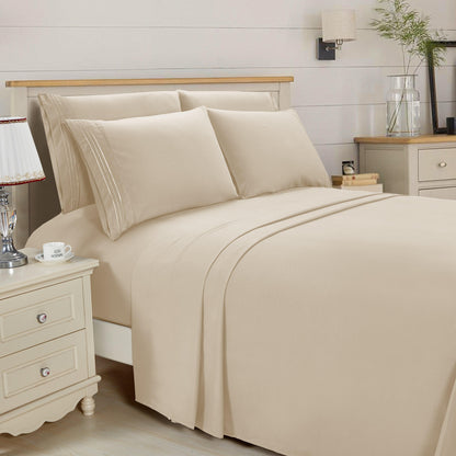 Elegant Comfort Essential 6-Piece 3-Line Embroidery Sheet Set, Soft as a Hotel Premium Quality, Bright Shades