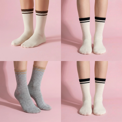 Anna-Kaci Women's 4-Pack Ribbed Crew Socks with Double Stripe Cuff Soft Stretch Fit in Neutral Tones