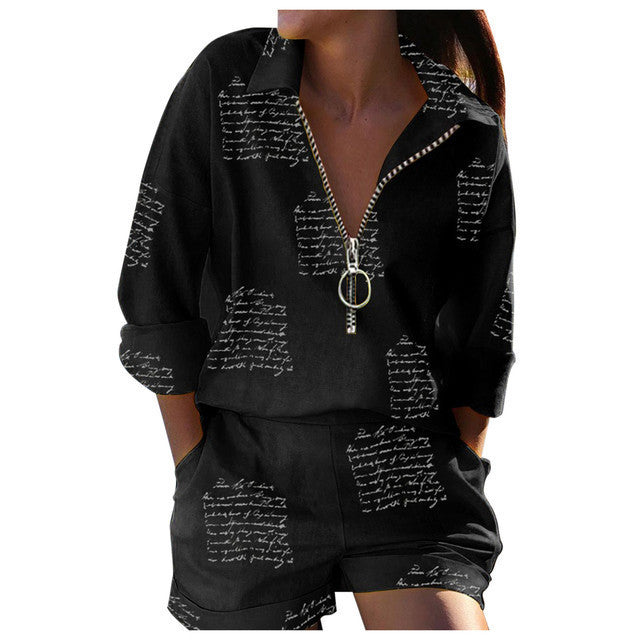Fashionable Spring Women's Two-Piece Set with Long Sleeve Printed Zip-Up Top and Shorts