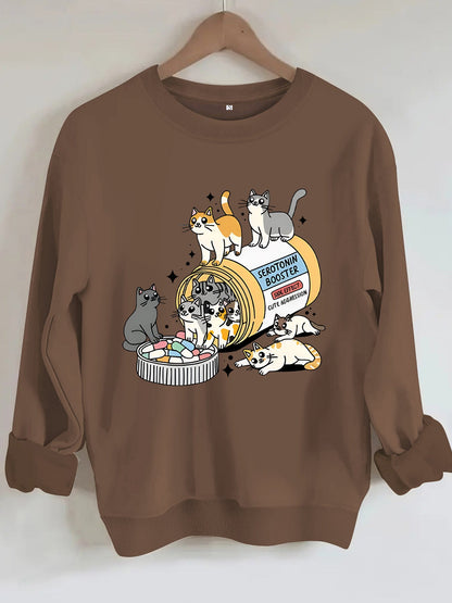 Cartoon cat lover printed round neck long sleeved sweatshirt