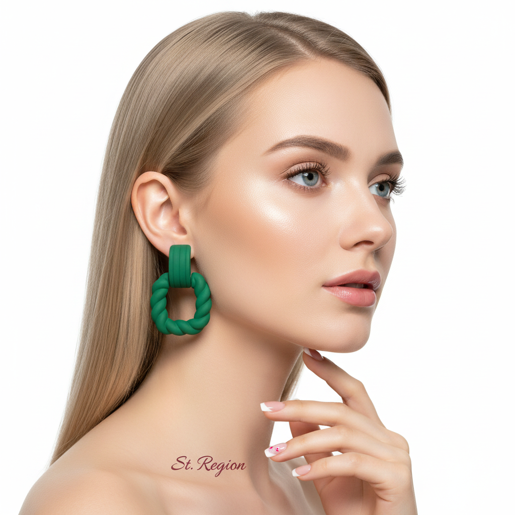 Dark Green Resin & Silvertone Twine Square Drop Earrings