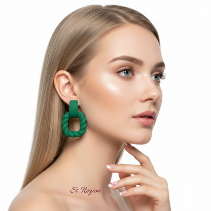 Dark Green Resin & Silvertone Twine Square Drop Earrings