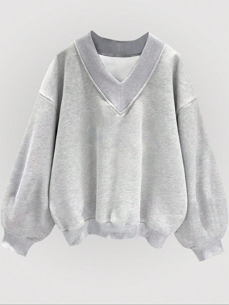 ✨Womens Casual Sweatshirt V Neck Oversized Hoodless Solid Pullover