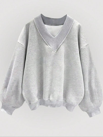 ✨Womens Casual Sweatshirt V Neck Oversized Hoodless Solid Pullover