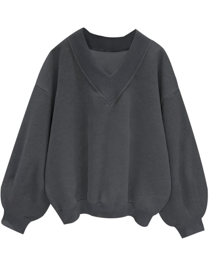 ✨Womens Casual Sweatshirt V Neck Oversized Hoodless Solid Pullover