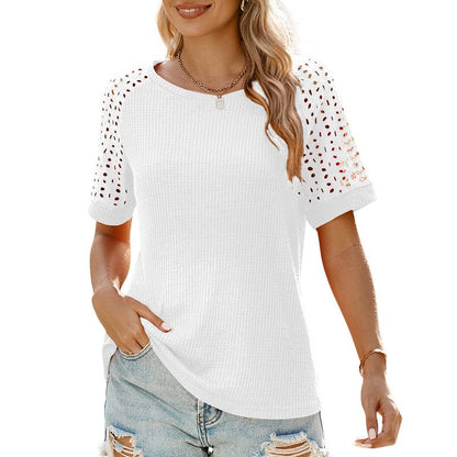 ✨Women Casual Round Neck Waffle Grid Patchwork Hollow Out Embroidered T-Shirt