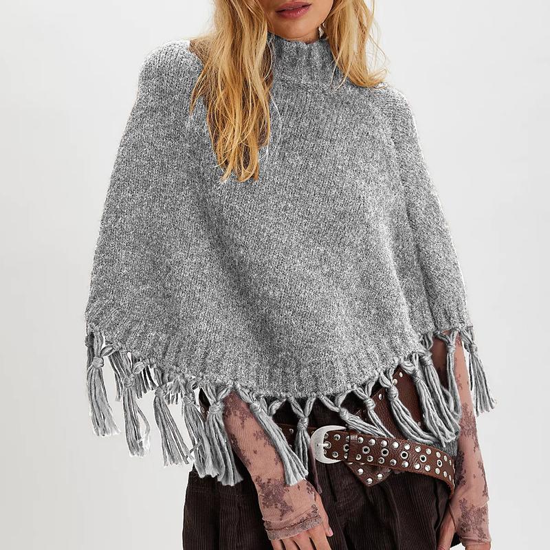 Women's Tassel High-Neck Knitted Cape