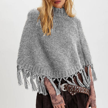 Women's Tassel High-Neck Knitted Cape