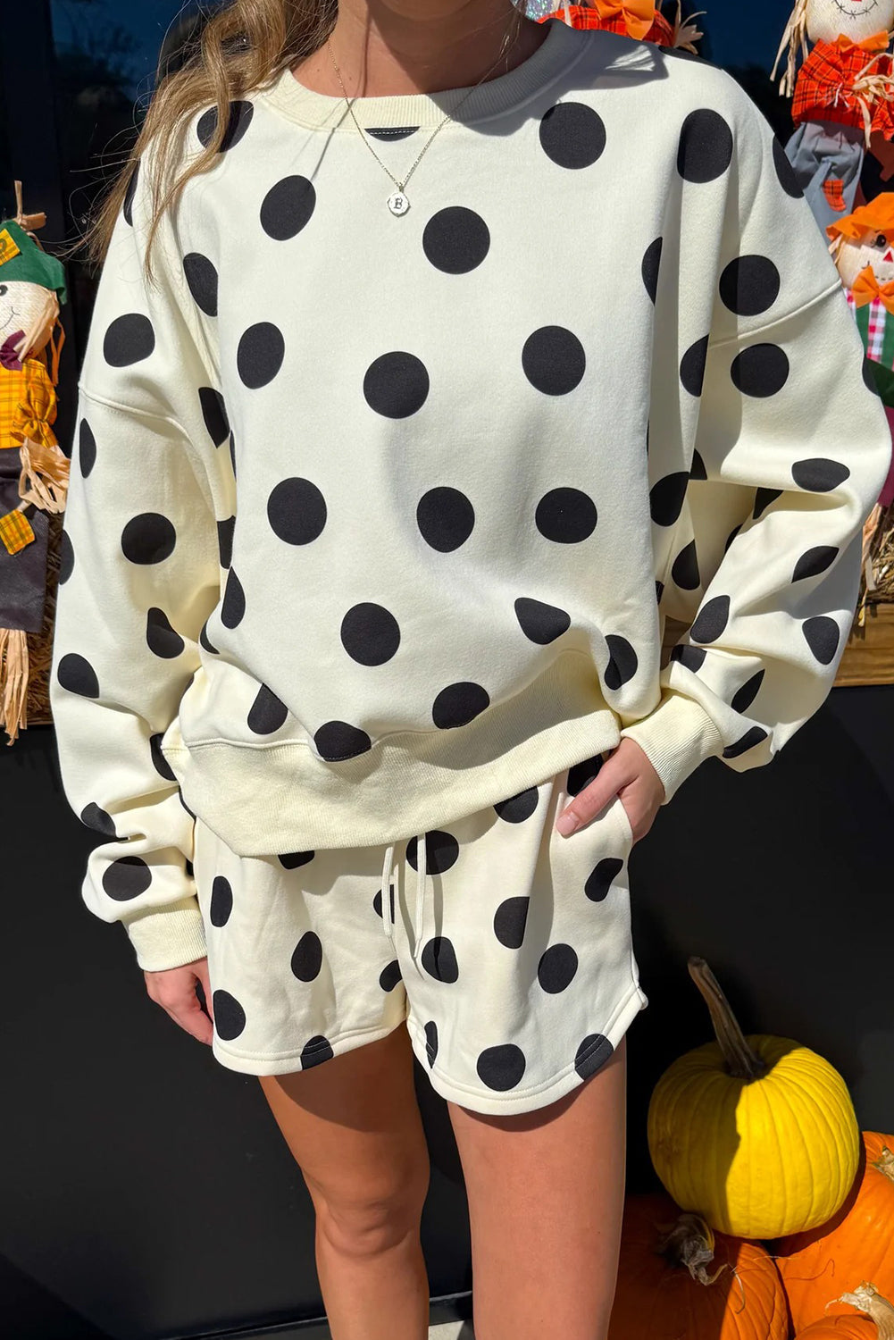 ✨Polka Dot Print Drop Shoulder Pullover Drawstring Shorts Set