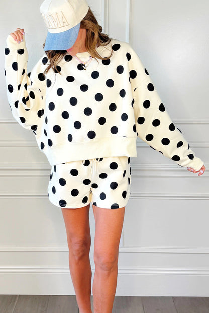 ✨Polka Dot Print Drop Shoulder Pullover Drawstring Shorts Set