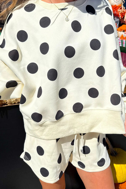 ✨Polka Dot Print Drop Shoulder Pullover Drawstring Shorts Set