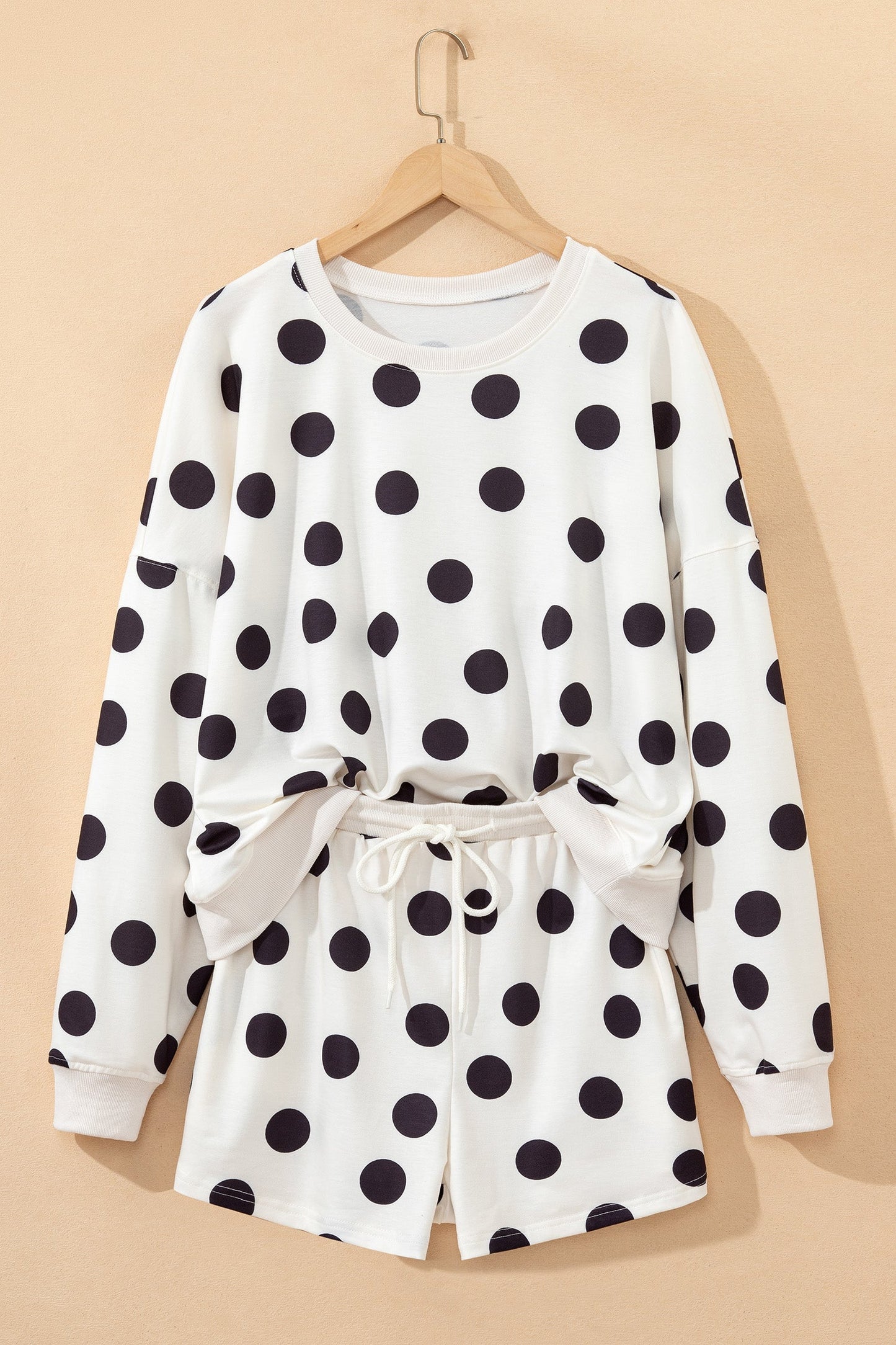 ✨Polka Dot Print Drop Shoulder Pullover Drawstring Shorts Set