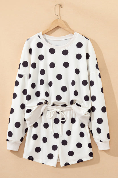 ✨Polka Dot Print Drop Shoulder Pullover Drawstring Shorts Set