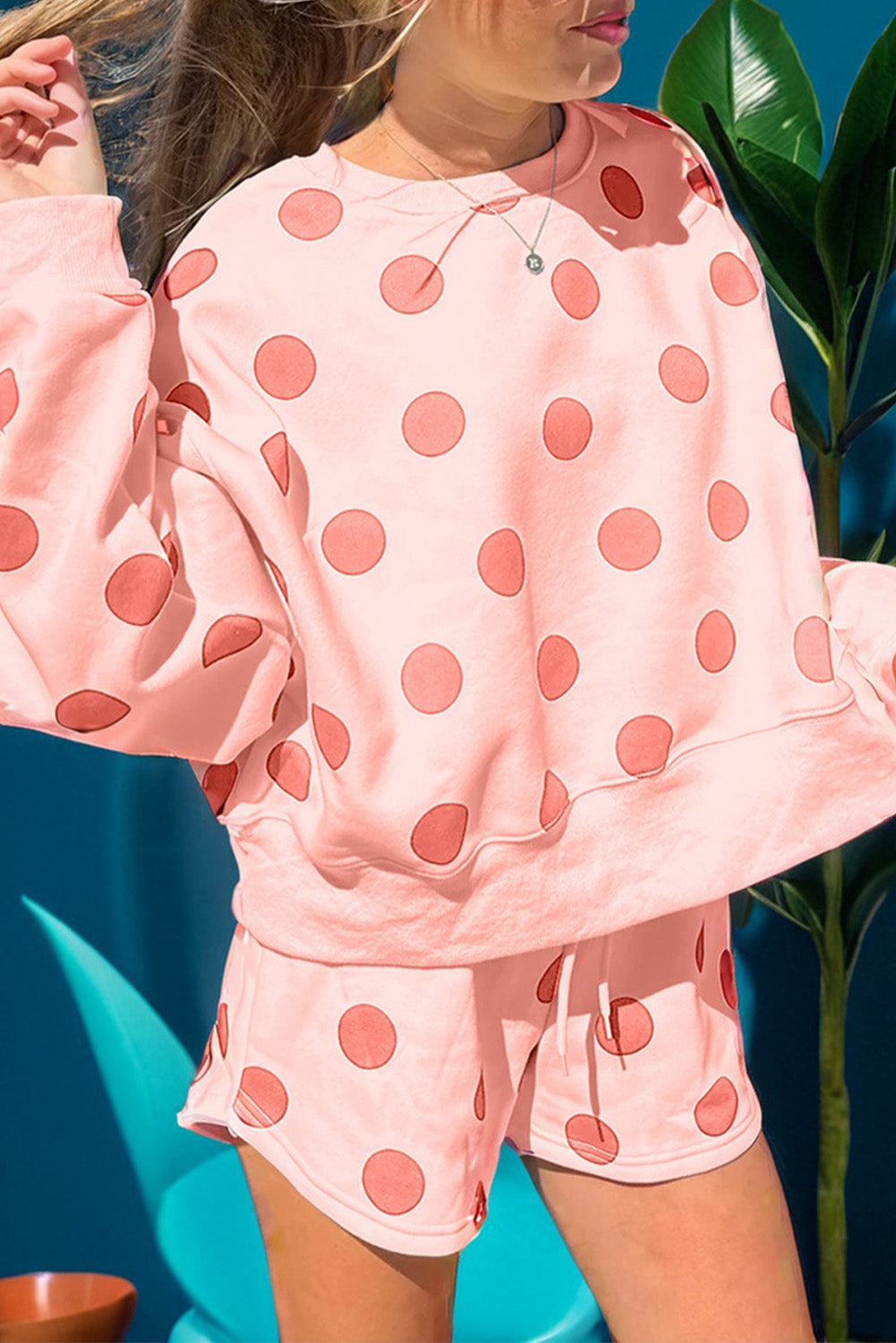 ✨Polka Dot Print Drop Shoulder Pullover Drawstring Shorts Set