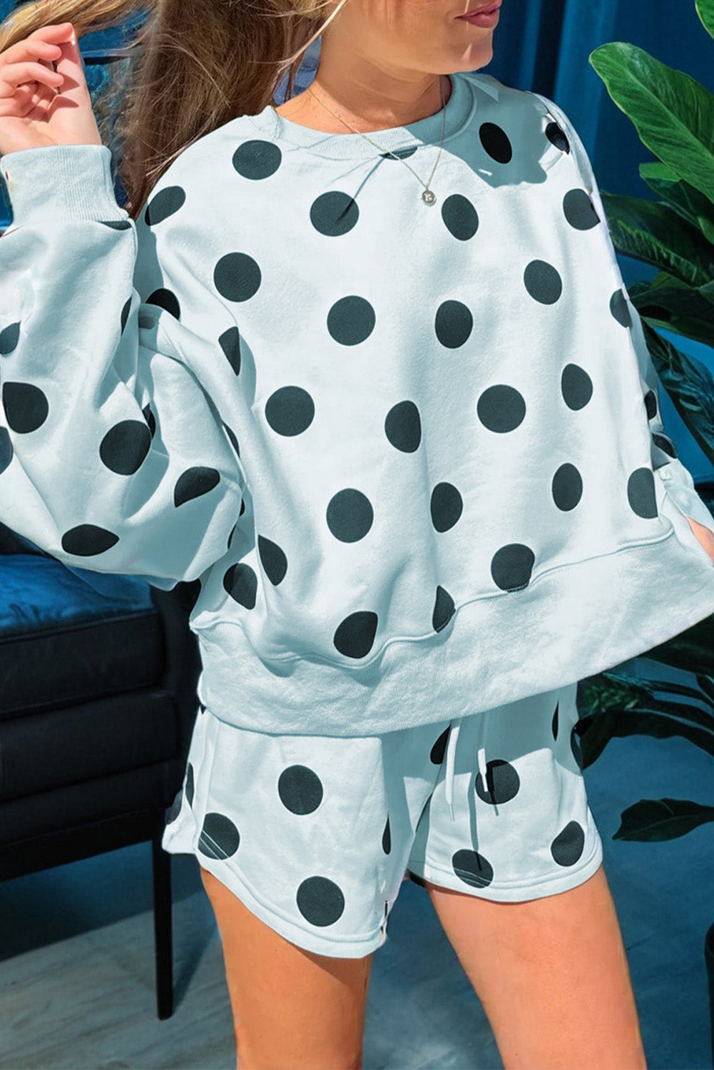 ✨Polka Dot Print Drop Shoulder Pullover Drawstring Shorts Set