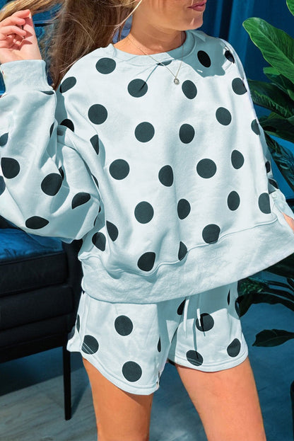 ✨Polka Dot Print Drop Shoulder Pullover Drawstring Shorts Set