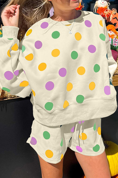 ✨Polka Dot Print Drop Shoulder Pullover Drawstring Shorts Set