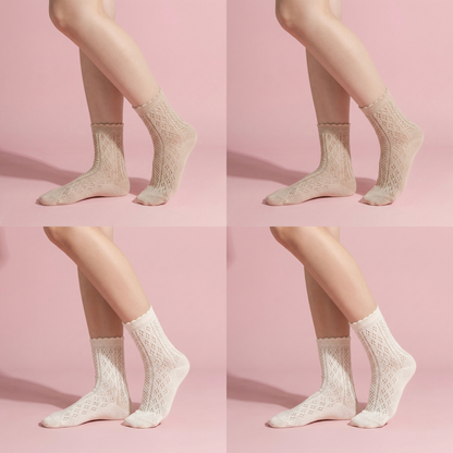 Anna-Kaci 4 Pairs Women's Lace Knit Crew Socks Lightweight Breathable Mesh Style with Elastic Cuff in Assorted Patterns