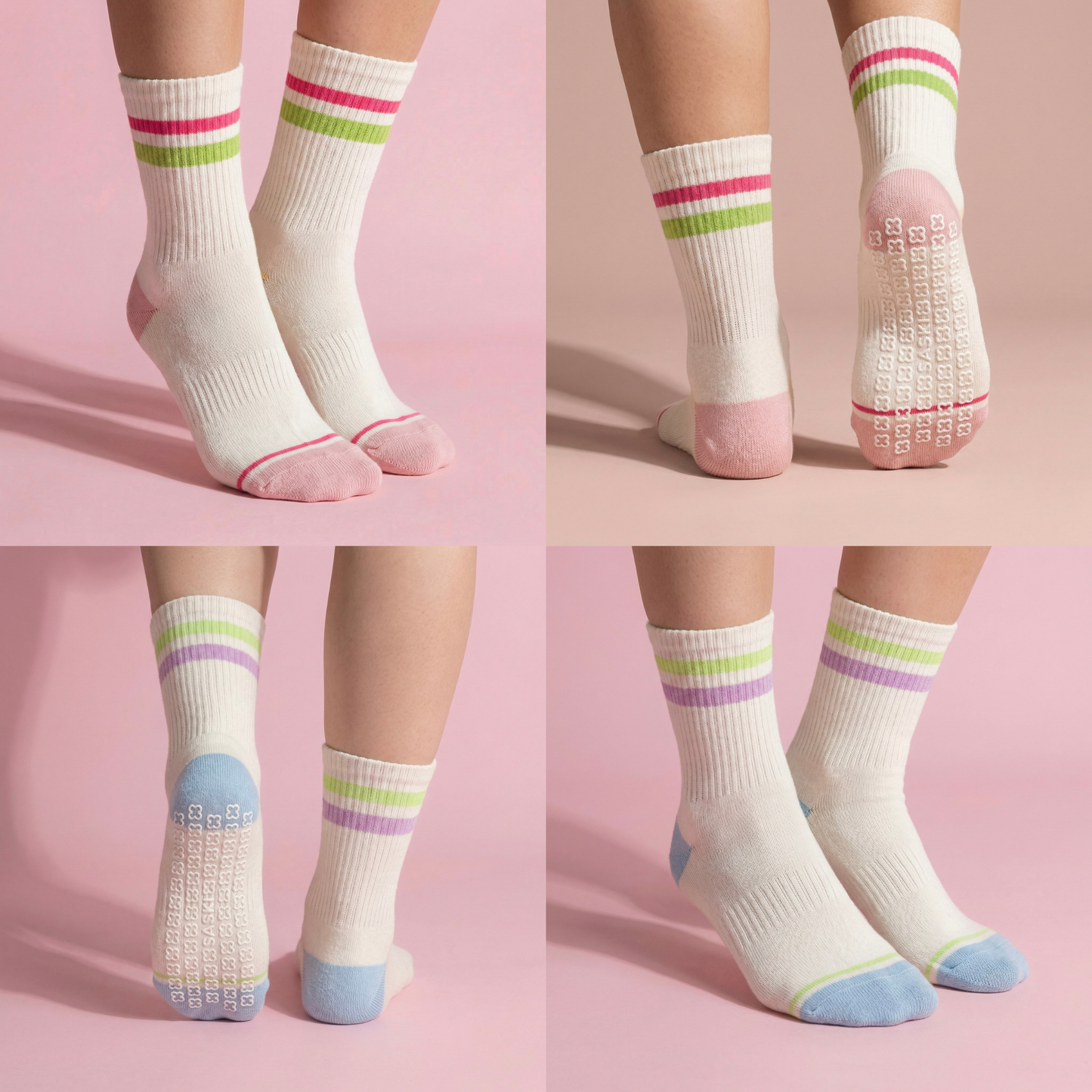 Anna-Kaci Women's 2-Pair Set Crew Athletic Socks with Striped Cuffs and Full Sole Grip for Yoga Fitness