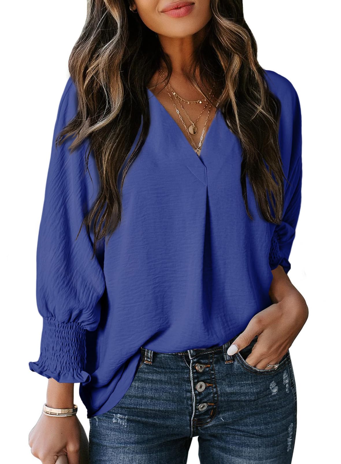 🔥Hot Sale-Womens Casual 3/4 Sleeve V Neck Loose Fit Basic Tees