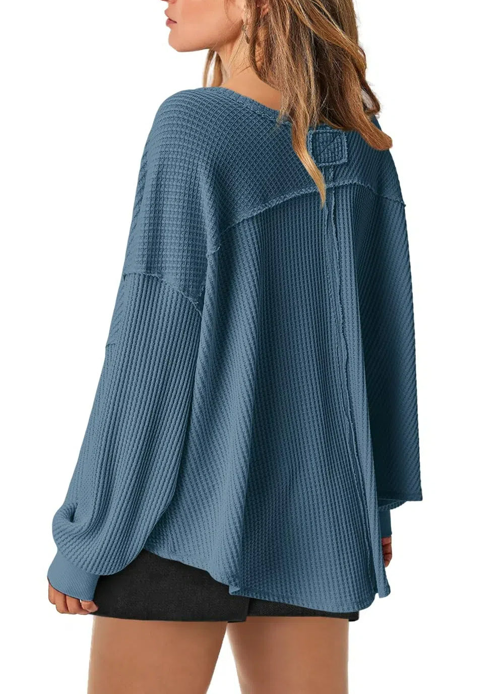 Women's Waffle Knit Oversized V Neck Batwing Long Sleeve Tops