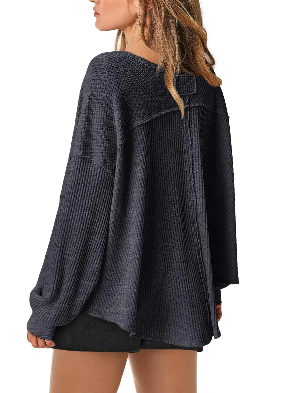 Women's Waffle Knit Oversized V Neck Batwing Long Sleeve Tops