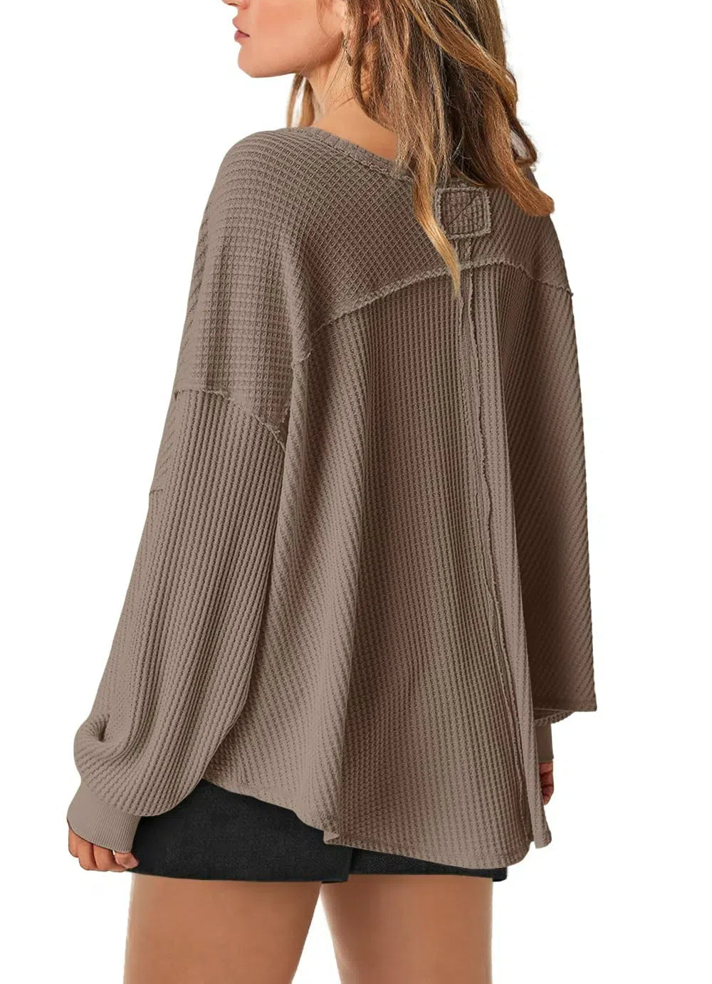Women's Waffle Knit Oversized V Neck Batwing Long Sleeve Tops