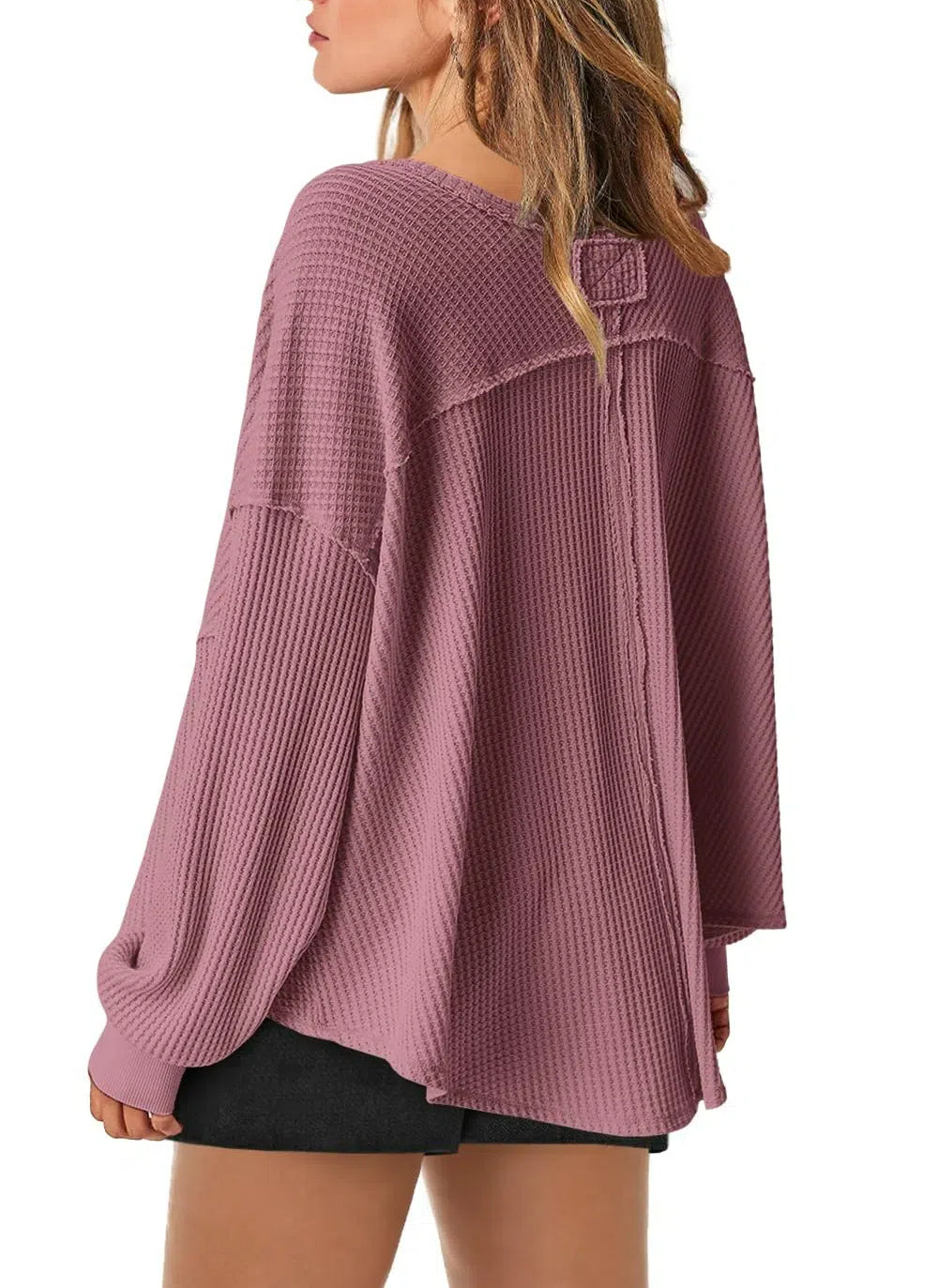 Women's Waffle Knit Oversized V Neck Batwing Long Sleeve Tops