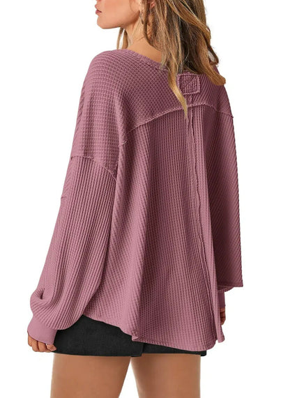 Women's Waffle Knit Oversized V Neck Batwing Long Sleeve Tops