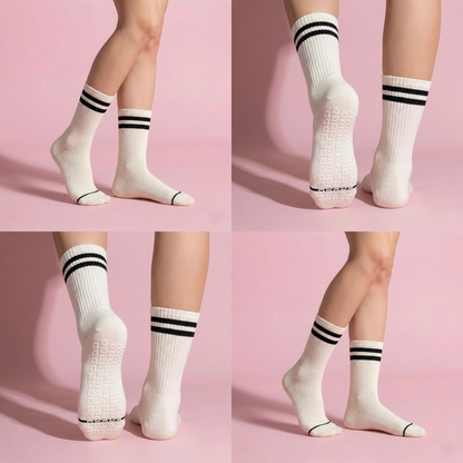 Anna-Kaci Women's 2-Pair Set Crew Athletic Socks with Striped Cuffs and Full Sole Grip for Yoga Fitness