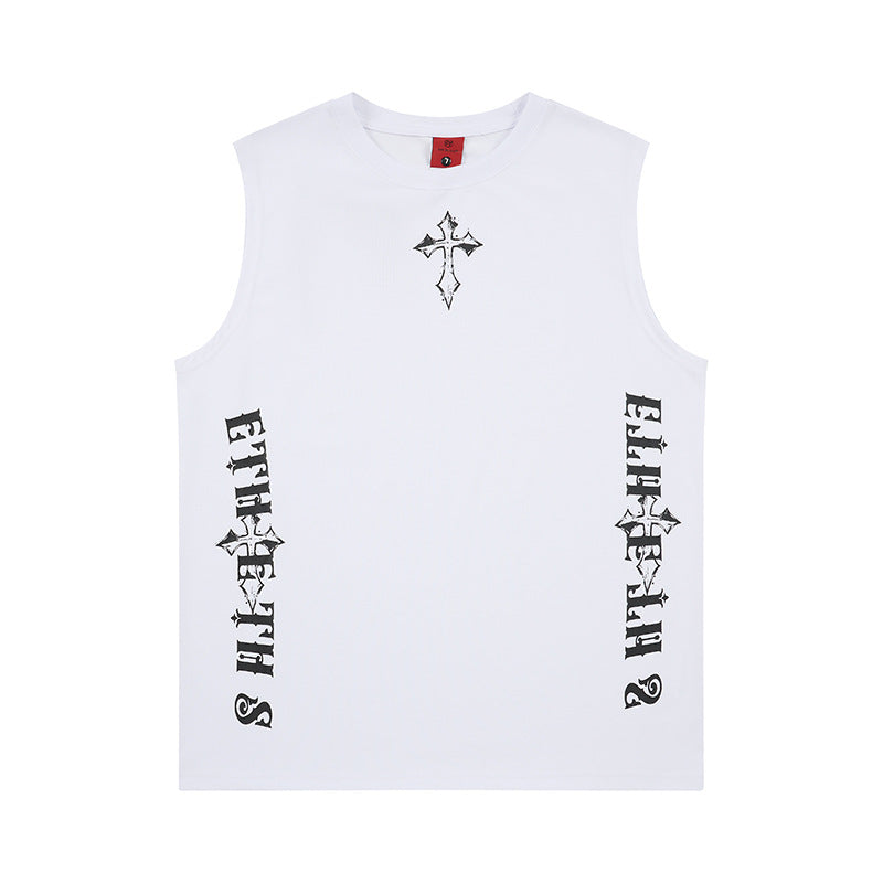 Cross printed wide shoulder vest
