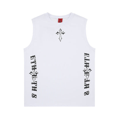 Cross printed wide shoulder vest