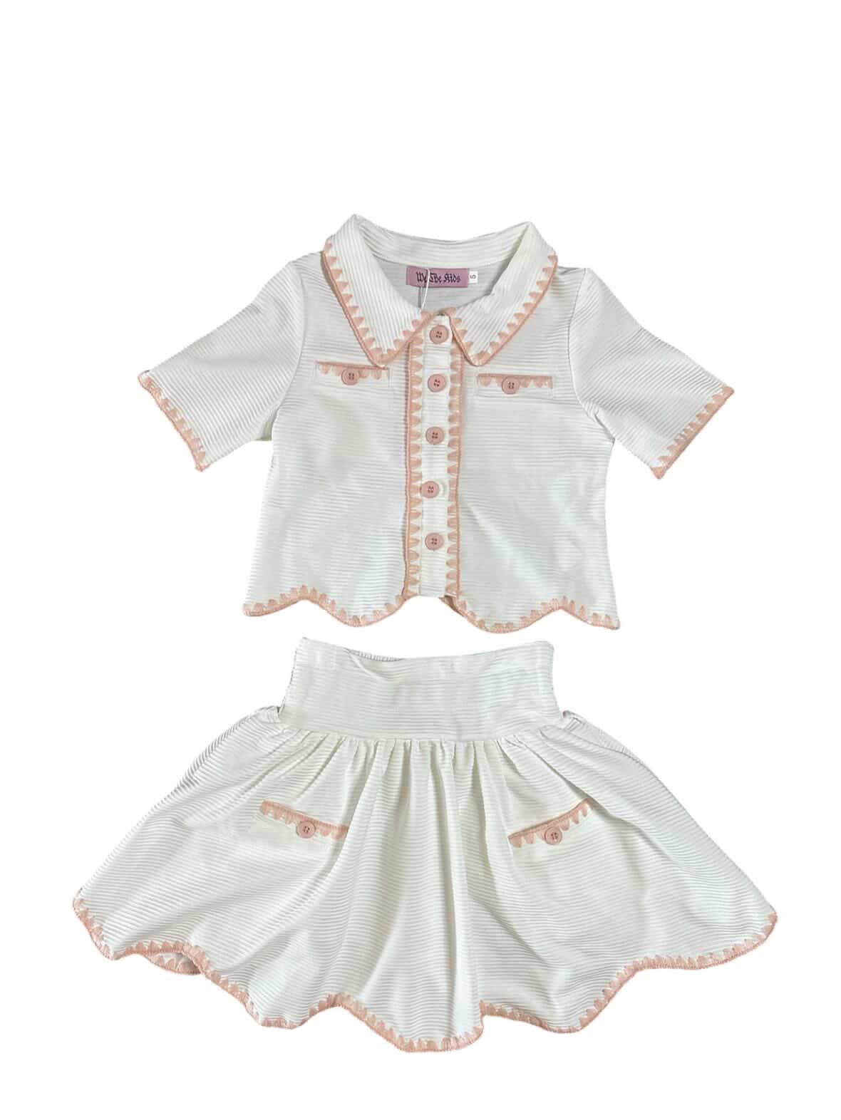 Embroidered Scalloped White Girls Set - Short